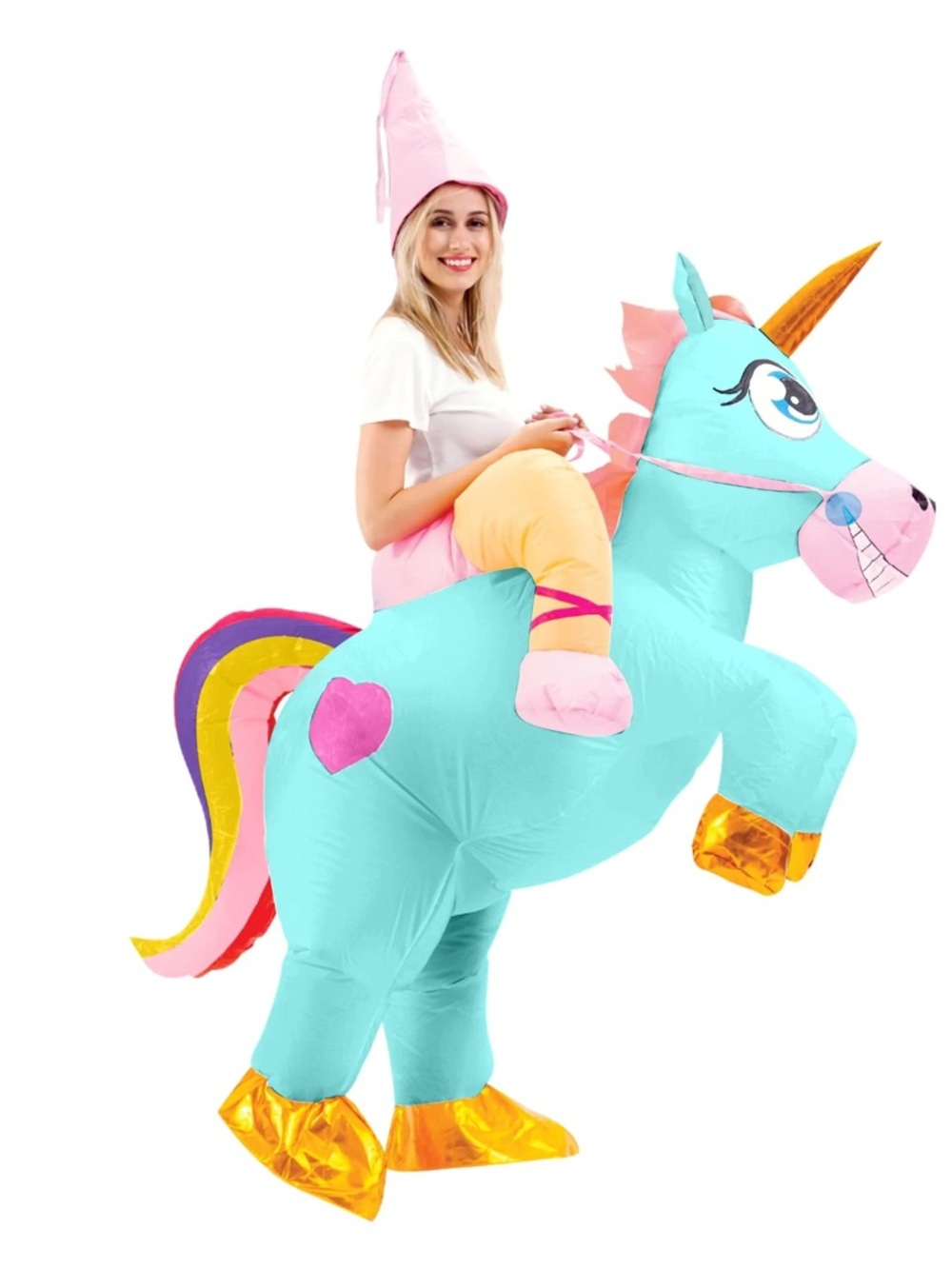 Inflatable Blue Unicorn Ride-On Adult Costume with Gold Hooves